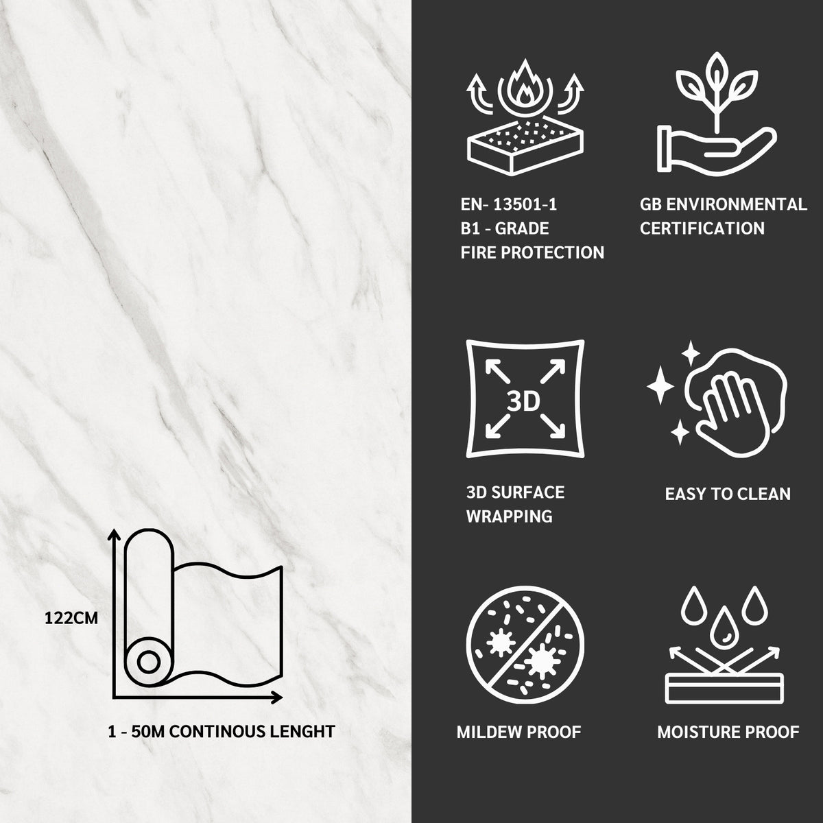 Architectural grade vinyl with fire protection, environmental certification, 3D surface wrapping, easy cleaning, mildew proof, and moisture proof features.