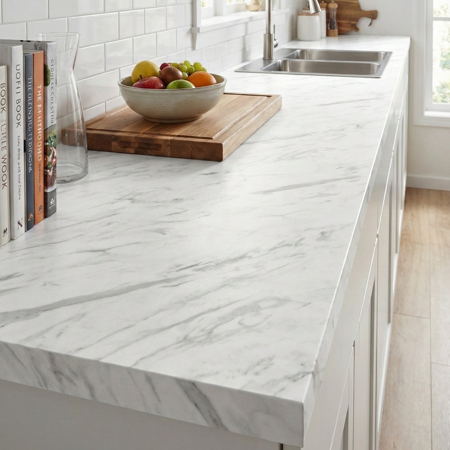 Marble adhesive vinyl covered countertop with a bowl of fruit, books, and a cutting board in a kitchen.