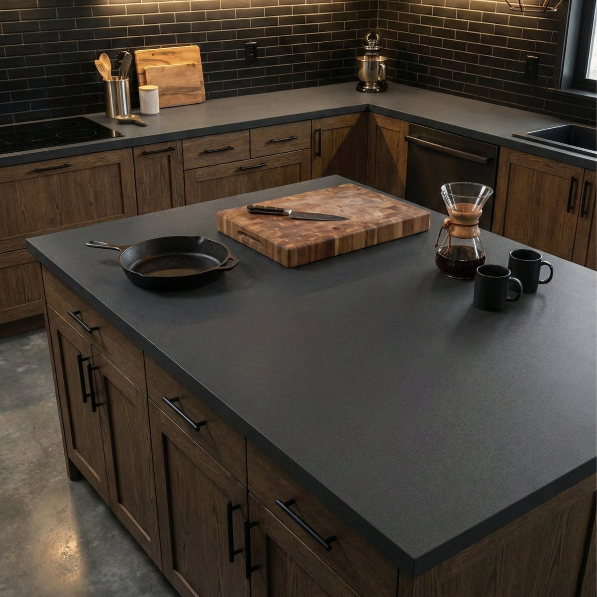 Modern kitchen with dark grey vinyl wrapped countertops, wooden cabinets, and a coffee maker.
