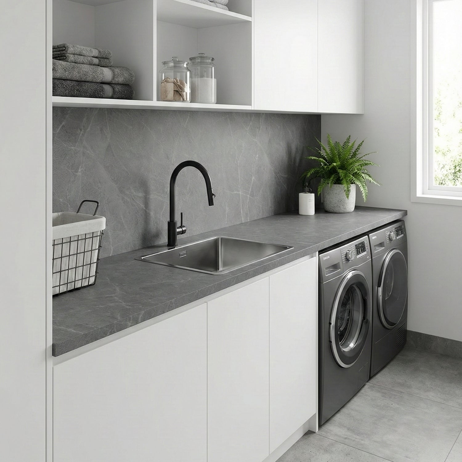 Modern laundry room with sink, washing machine, and dryer and grey stone vinyl wrapped counter top and splashback.