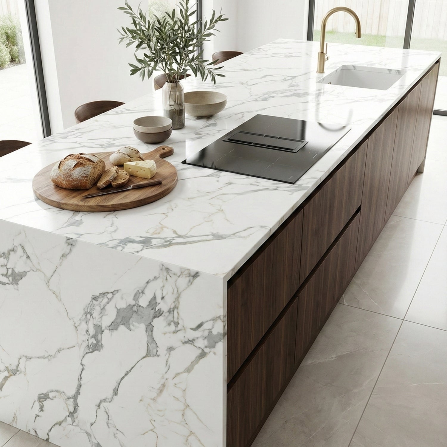 Modern kitchen island with a marble vinyl wrapped countertop and wooden cabinets
