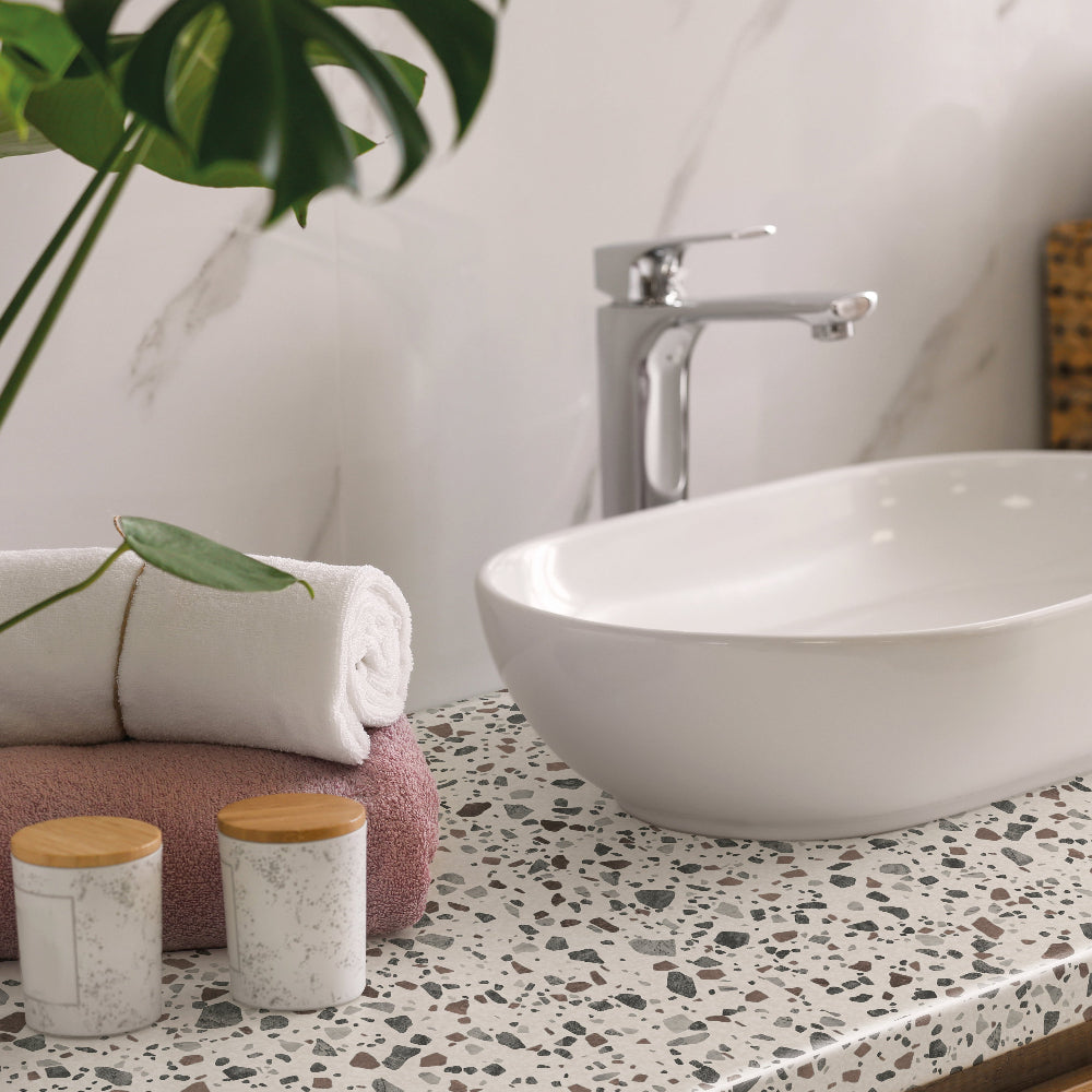 Terrazzo adhesive vinyl vanity