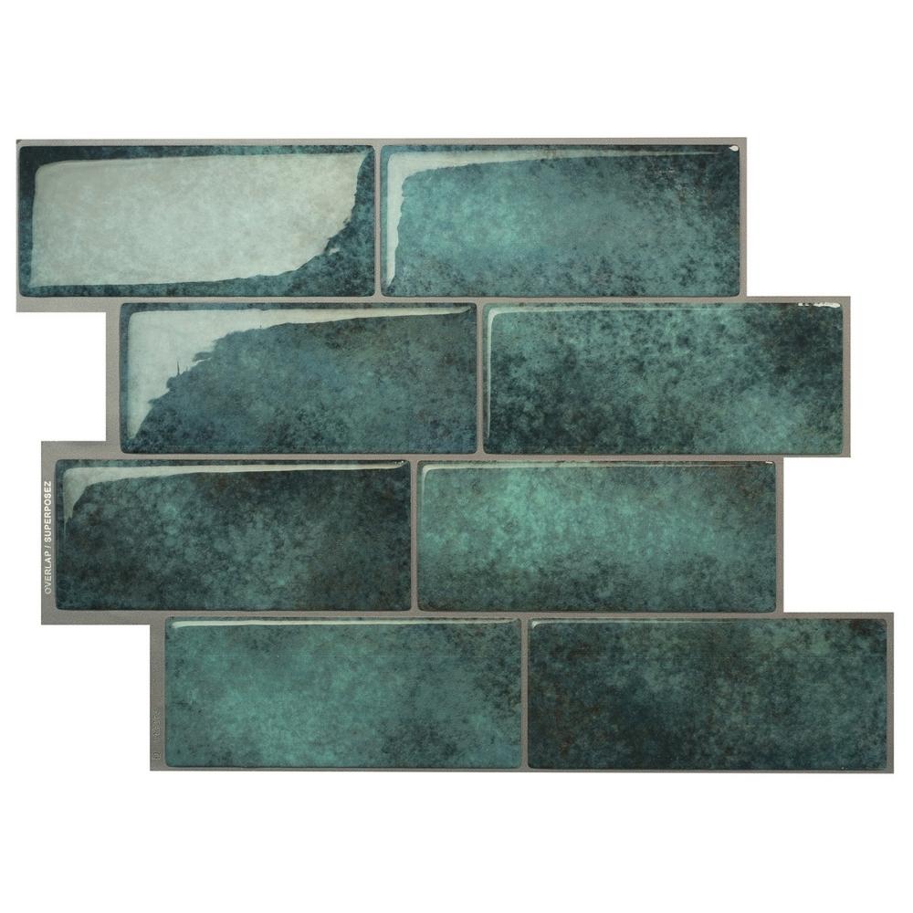 Turquoise self-adhesive 3D subway tile in a bathroom