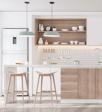 white and wood grain kitchen with white subway tiles splash back - shop all products 