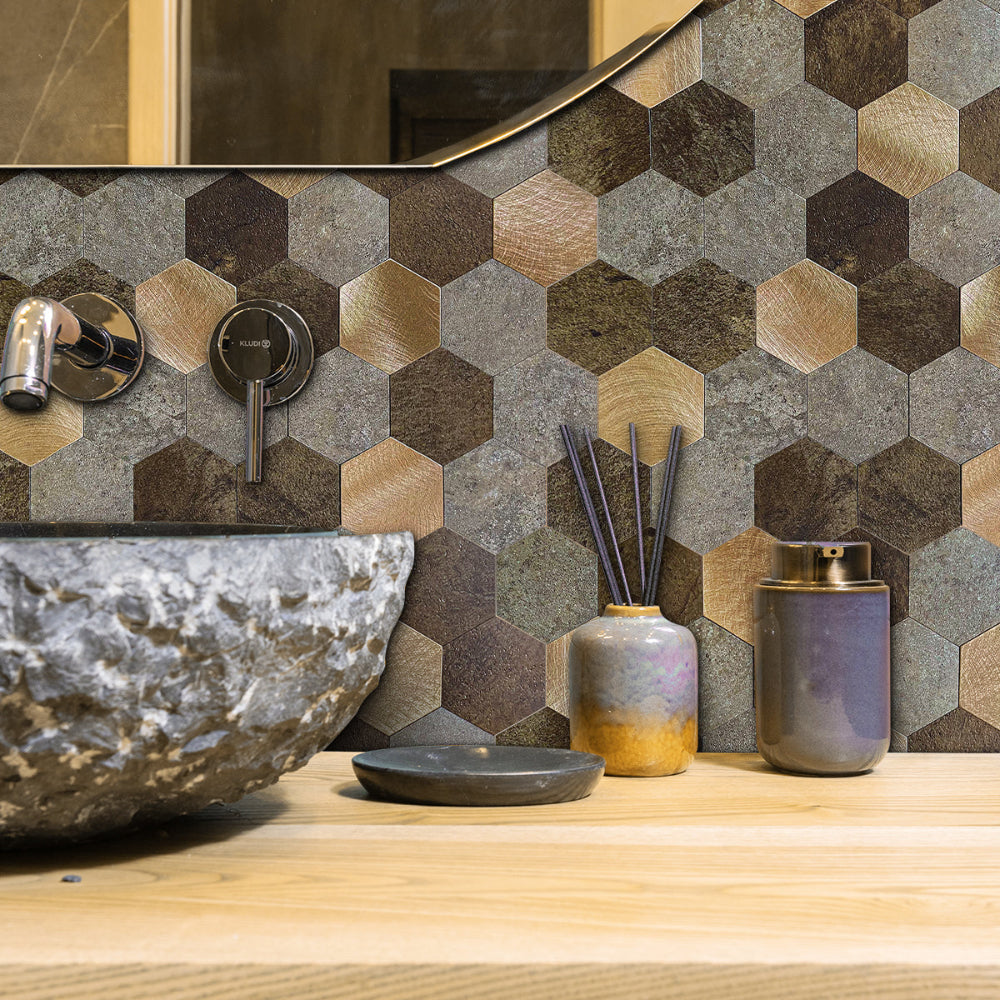 Mocha hexagon composite wall tiles above vanity