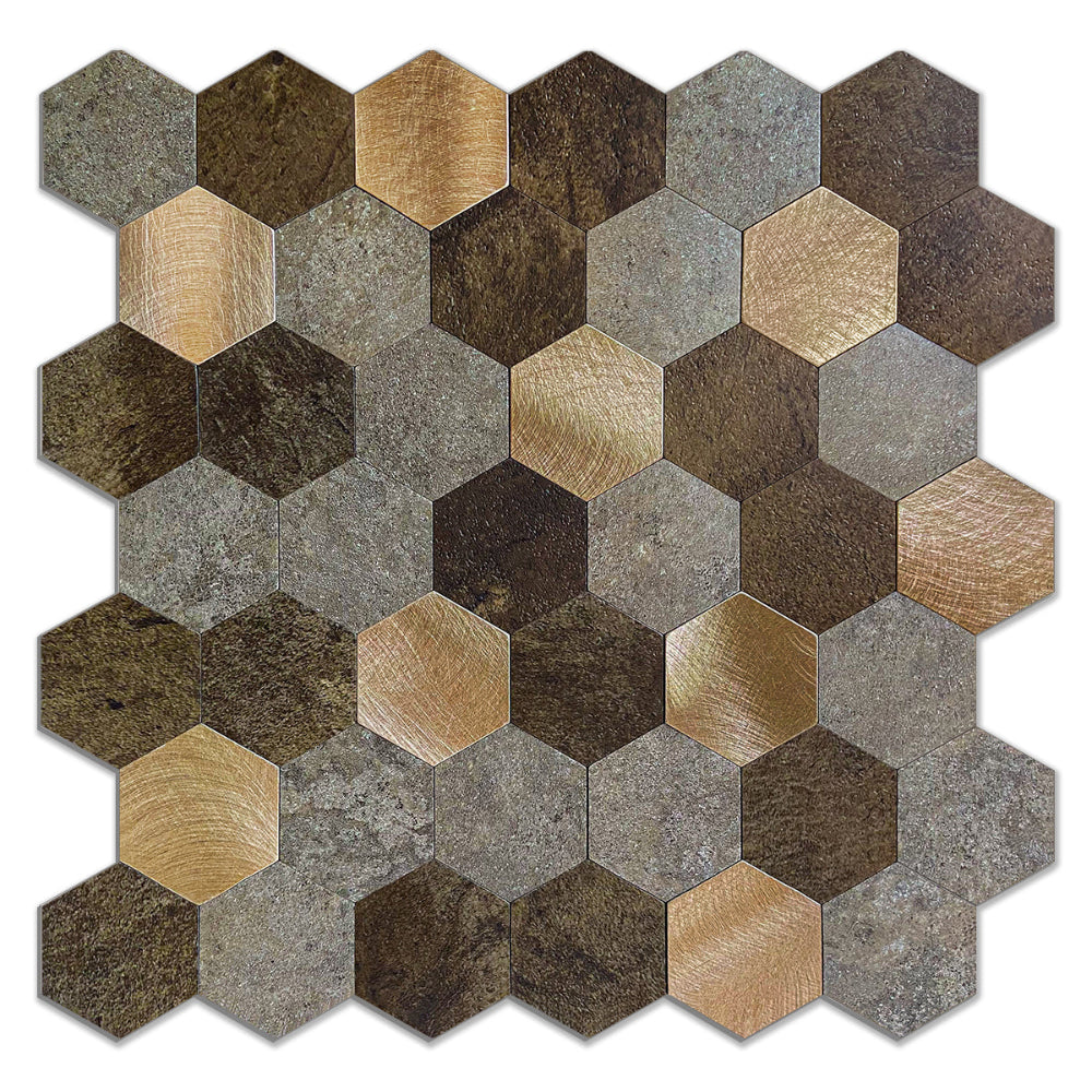 Mocha hexagon composite wall tiles above vanity