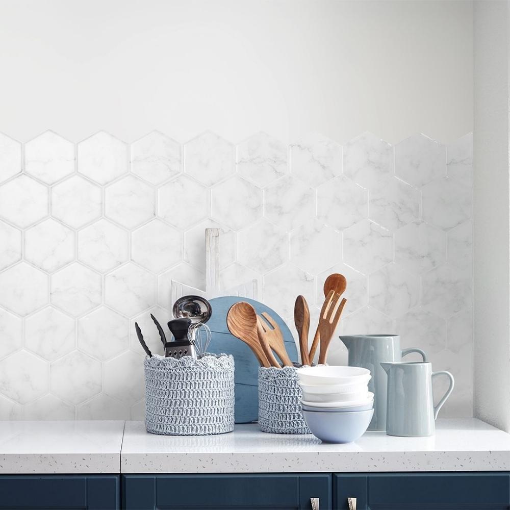 Grey marble self-adhesive 3D wall tiles as kitchen splash back