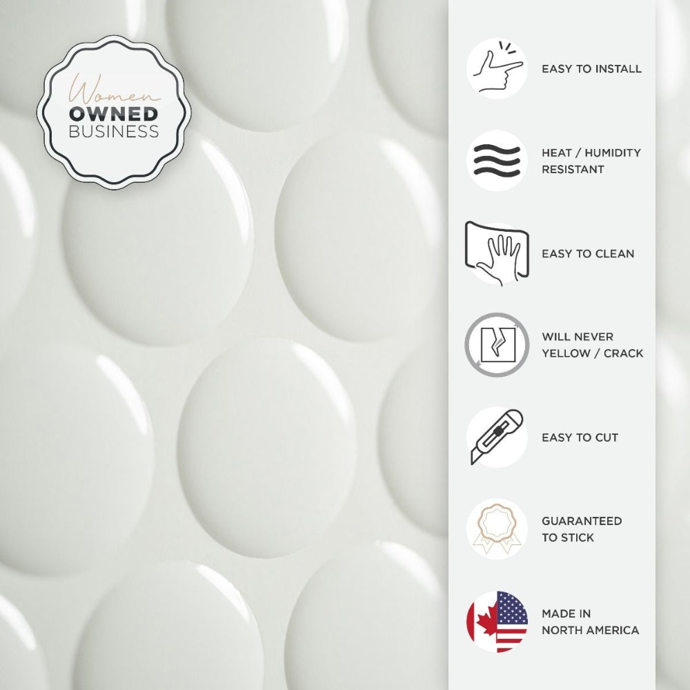 White penny round self-adhesive 3D tiles features