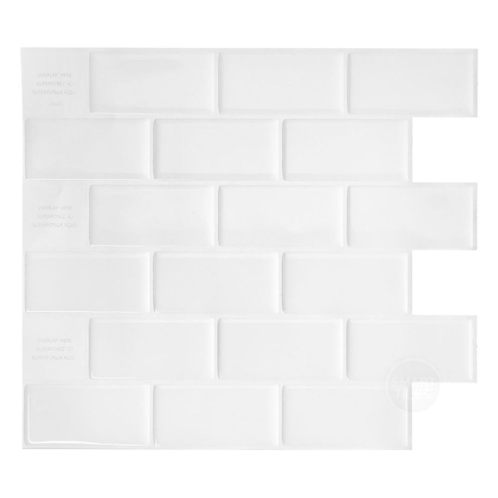 White subway tiles with white grout that is peel and stick
