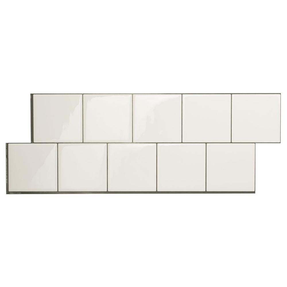 White square self-adhesive wall tiles with dark grey grout