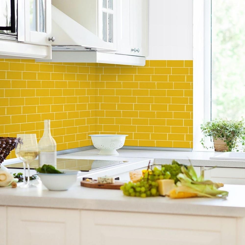 Yellow self-adhesive 3D subway tile in kitchen