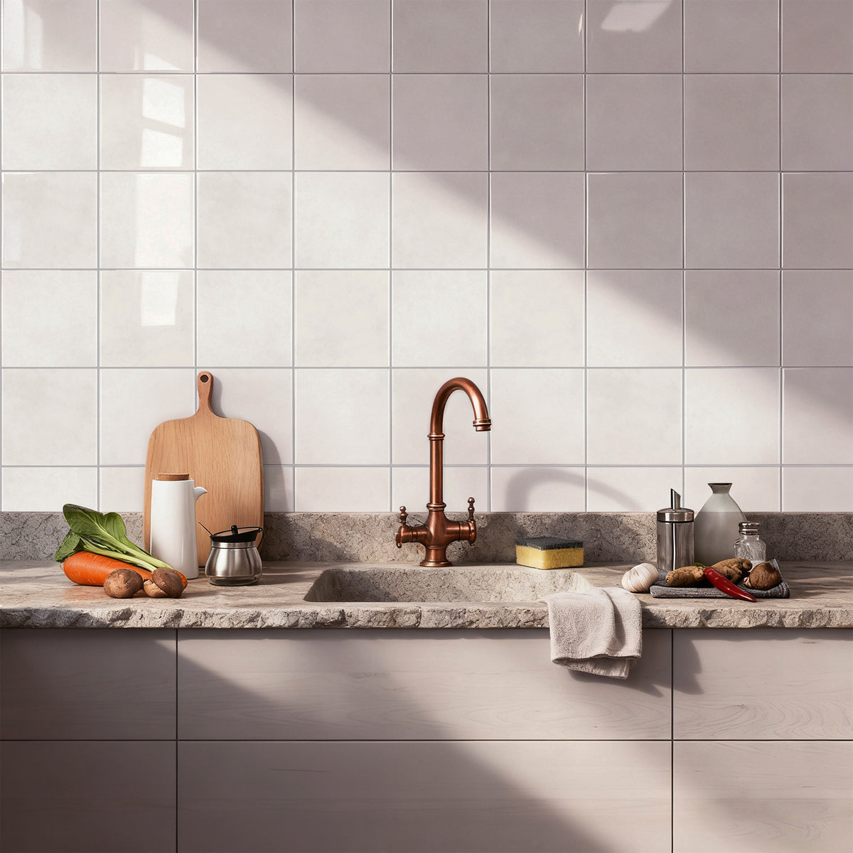 Modern kitchen with a sink, faucet, and various items on the countertop with a sand coloured tiled splashback.