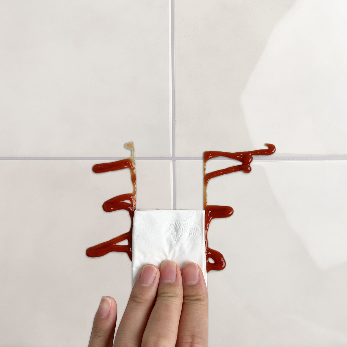 Hand cleaning red sauce of a sandy square tile with a cloth.