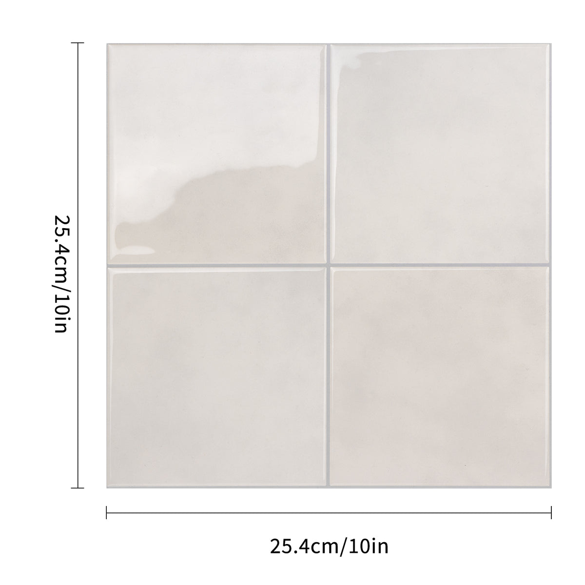 Sand coloured square tile with dimensions labeled on a white background