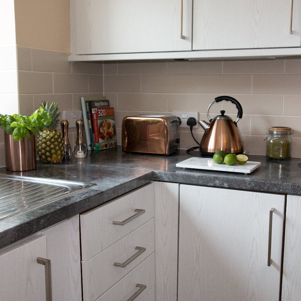 Slate grey adhesive vinyl kitchen benchtop