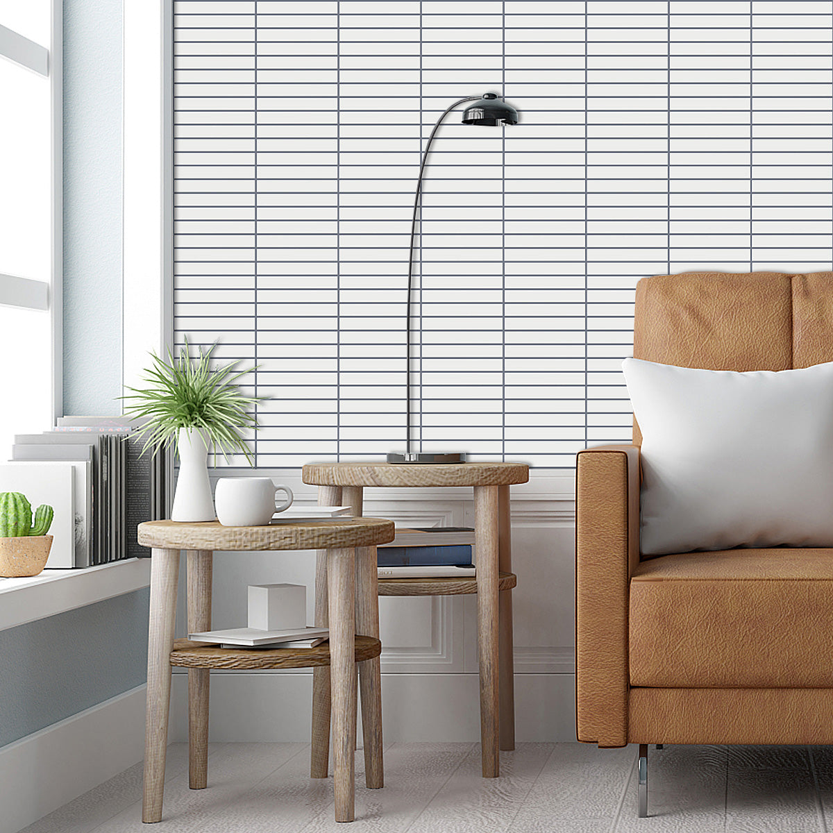 White kit kat tiles on a living room wall