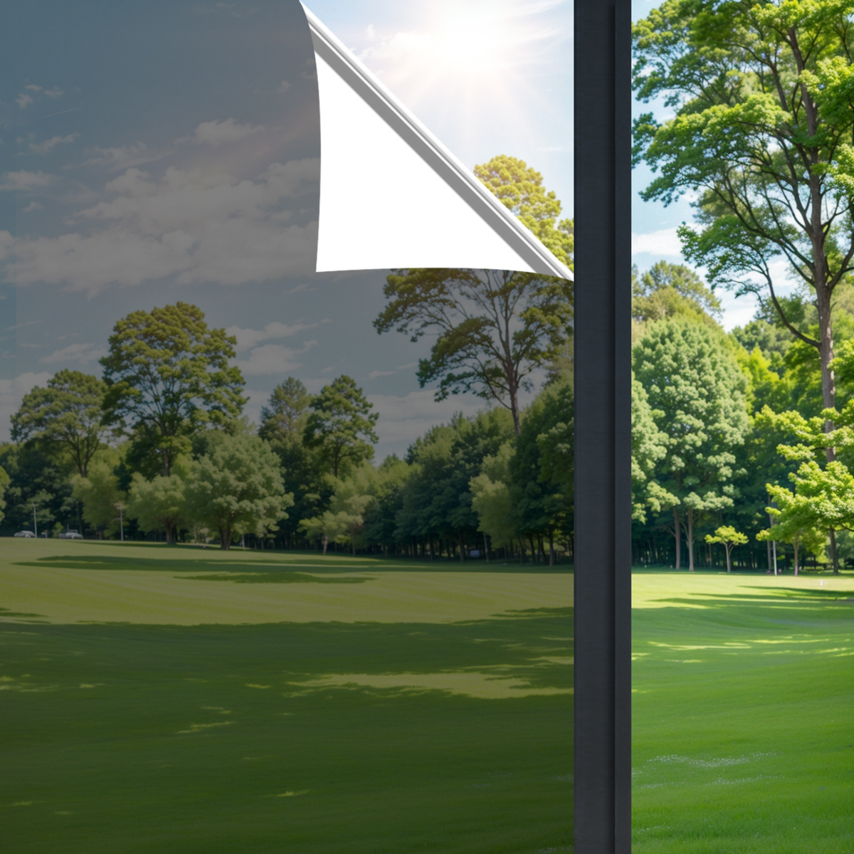 Mirror reflective window film on window overlooking golf course