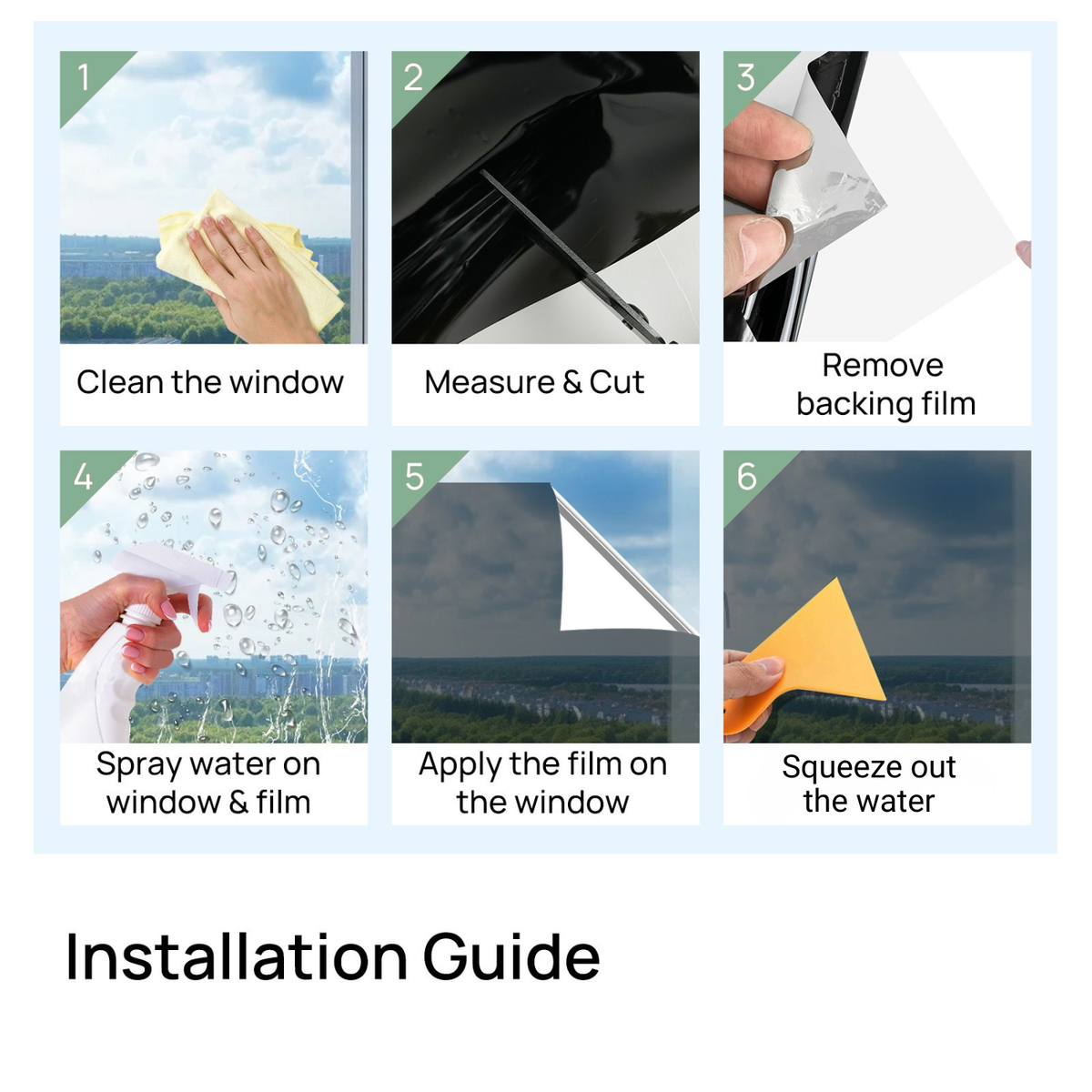 Step-by-step installation guide for a window film with images and text instructions.