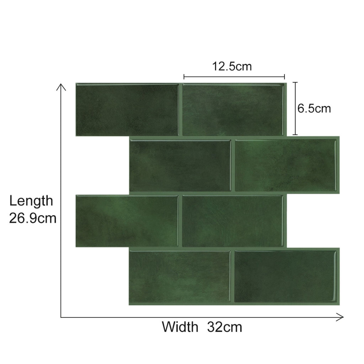 Green rectangular wall tiles arranged in a staggered brick pattern with dimension labels showing 26.9 cm length and 32 cm width