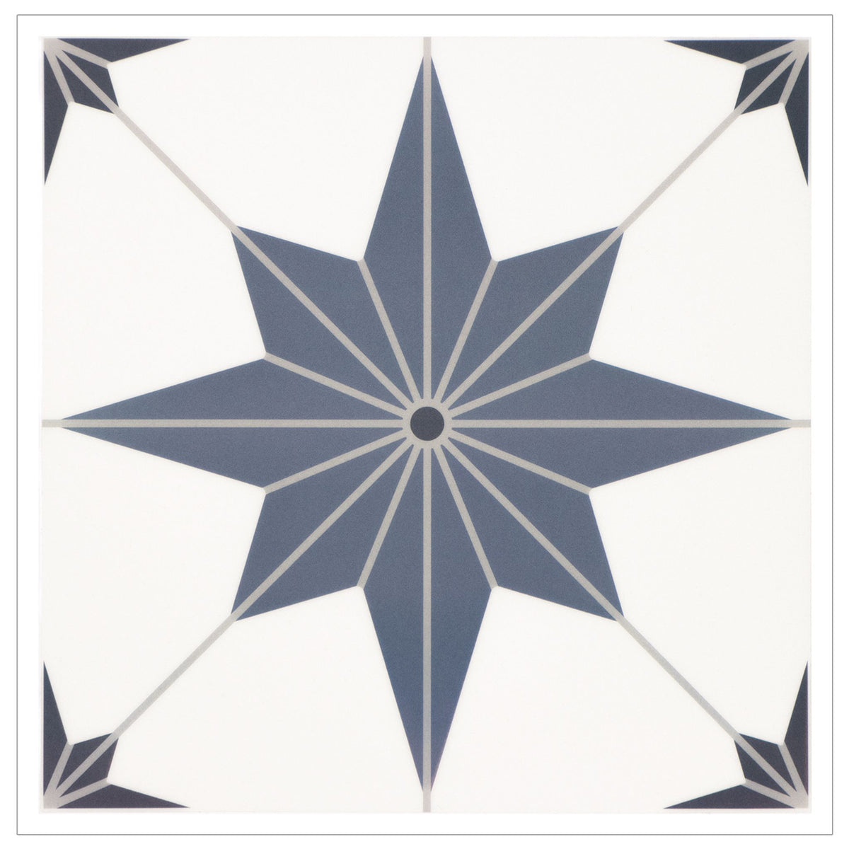 A square decorative tile featuring a geometric star design in muted slate blue on an off-white background, with thin grey lines radiating from the centre and corner accents.