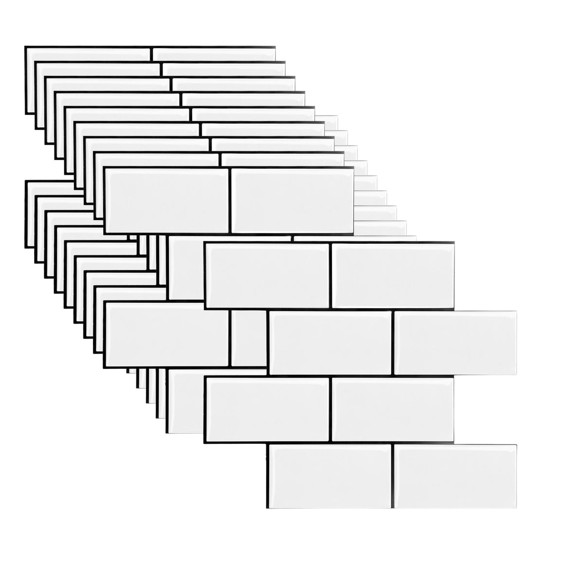 White subway tile sheets arranged in a staggered stack, showing rectangular peel and stick tiles with thin black grout lines on a plain white background.