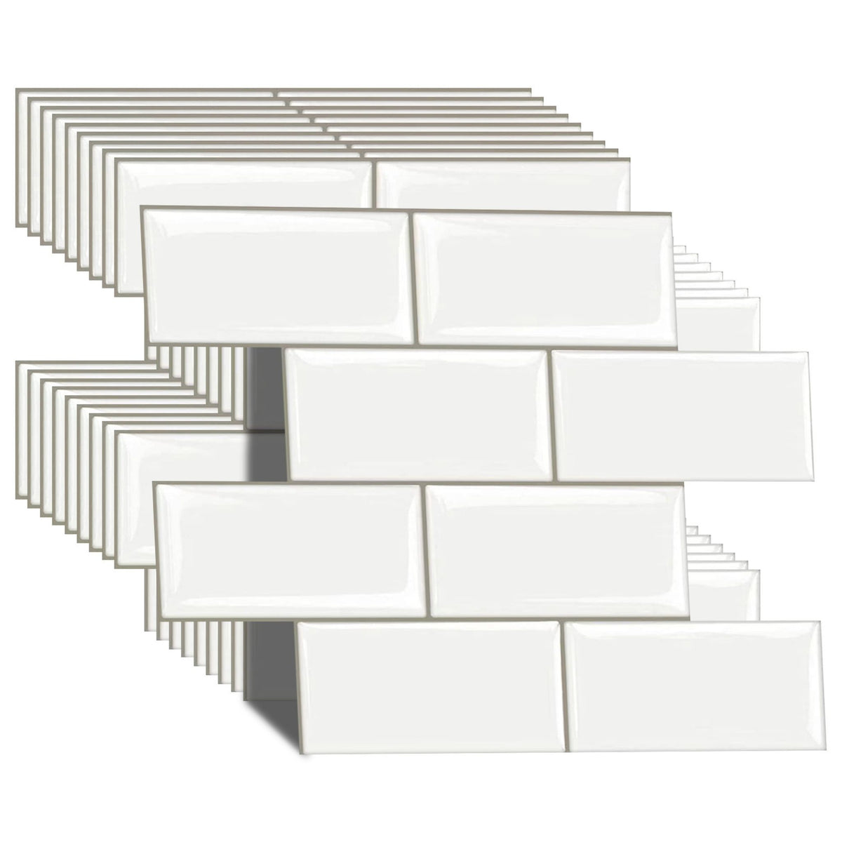 White subway tile sheets arranged in staggered rows, showing the glossy rectangular tile pieces and thin grout lines on a plain white background.