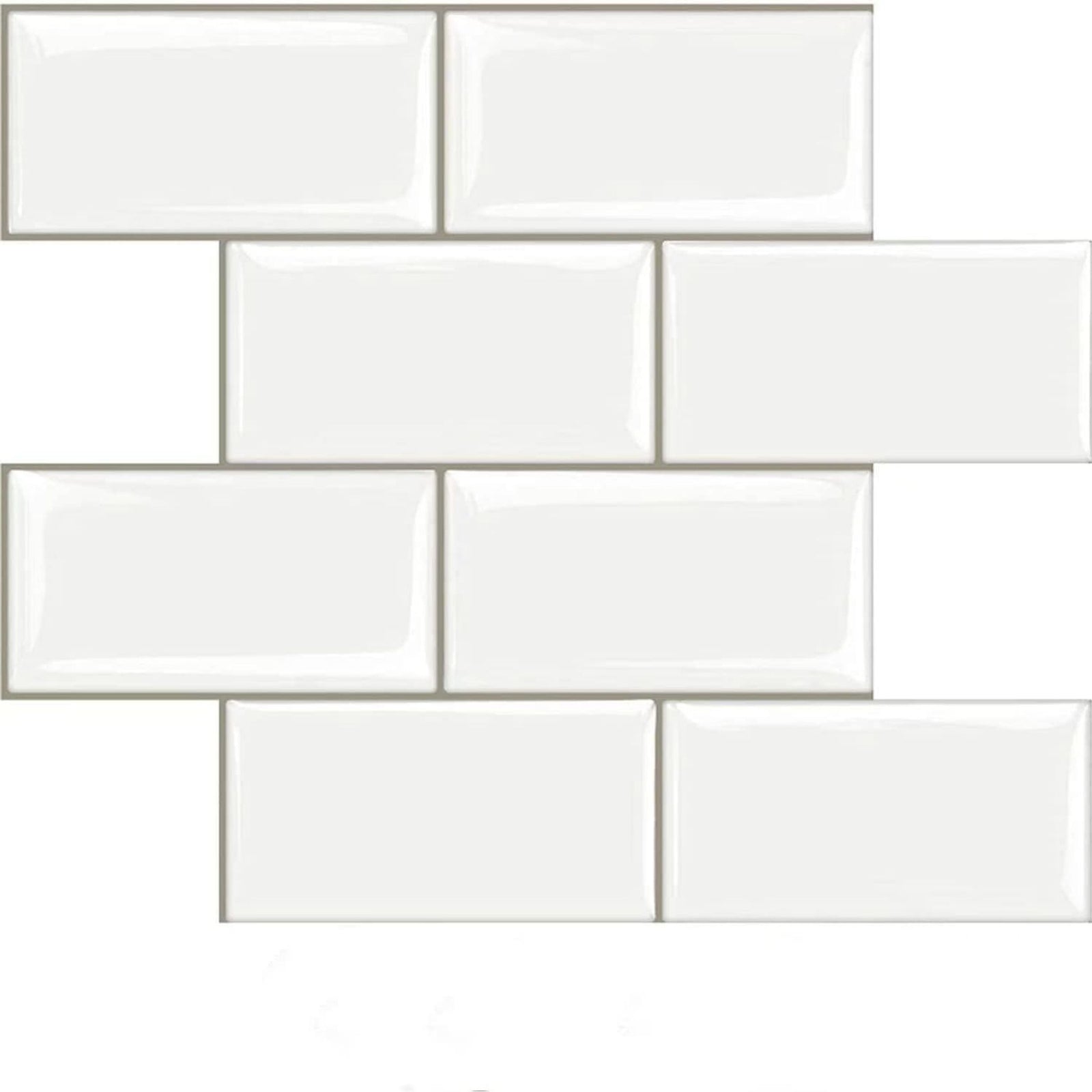 White subway tile backsplash on a bathroom wall with a dark charcoal vessel sink, matte black wall-mounted faucet, white countertop, and small decorative ceramic items.