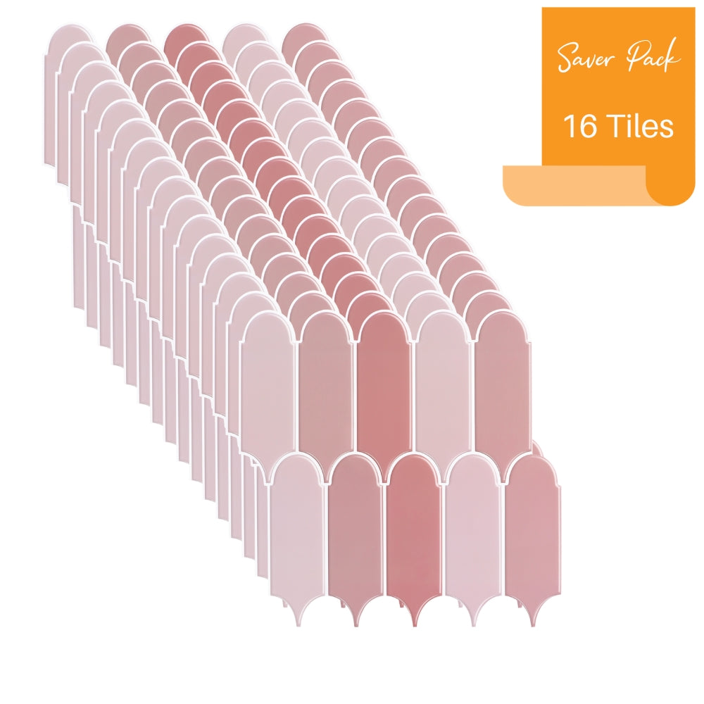Row of pink tiles with a &#39;Saver Pack&#39; label indicating 16 tiles on an orange background.