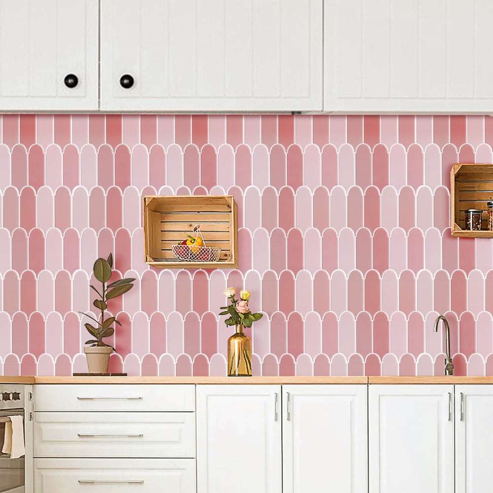 Kitchen with pink and white geometric patterned wallpaper