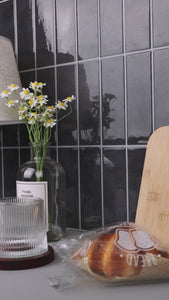 dark grey stacked subway tiles
