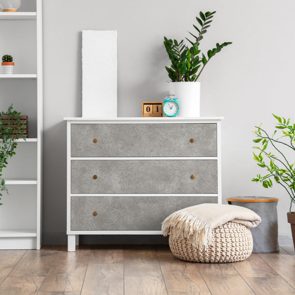 Salazar concrete adhesive vinyl wrap on drawer fronts