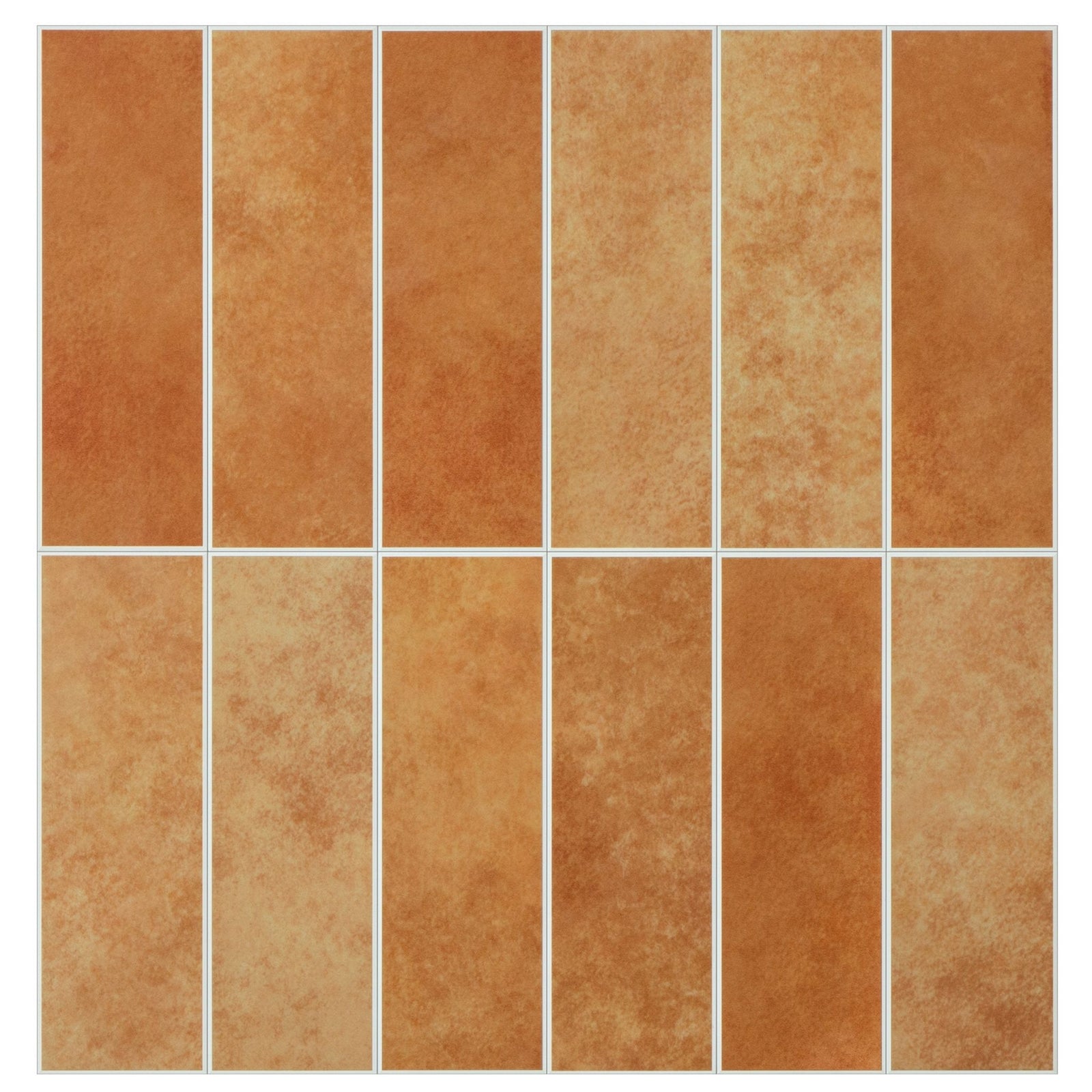 Burnt orange matte stacked subway tile splashback behind a vanity with a round mirror