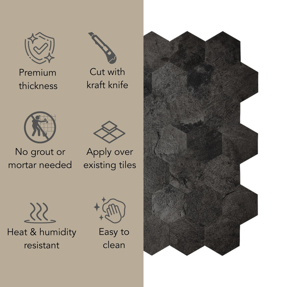 Dark charcoal gray hexagonal stone tiles shown next to a beige informational panel with icons and text highlighting features like premium thickness, kraft knife cutting, no grout needed, heat and humidity resistance, and easy cleaning.