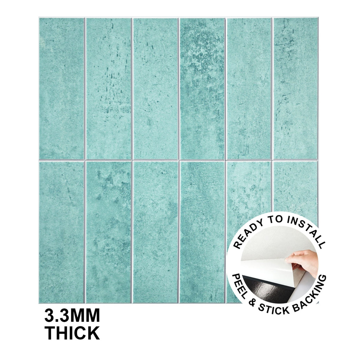 A sheet of distressed teal stacked subway tiles indicating them being 3.3mm thick and peel and stick