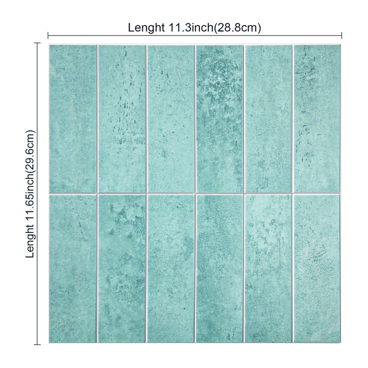 A grid of rectangular turquoise mosaic tiles with a distressed textured finish, shown with dimension labels indicating 11.3 inches by 11.65 inches