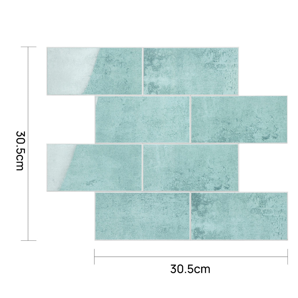 Muted teal rectangular wall tiles arranged in a staggered brick pattern on a white background, with dimension lines and text indicating a height of 30.5cm and width of 30.5cm