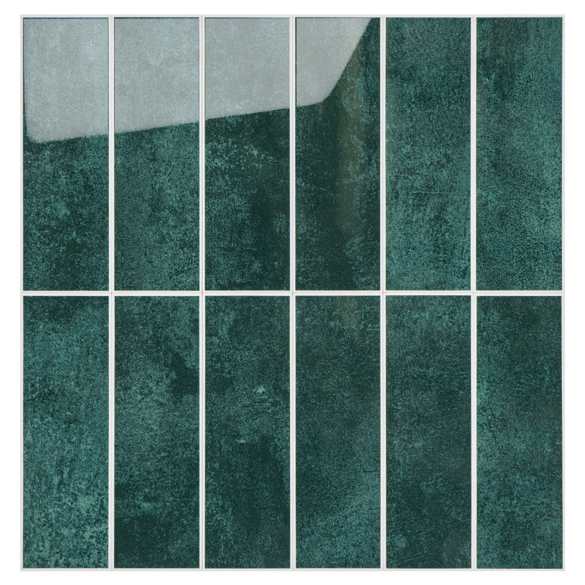  A sheet of emerald green stacked subway tiles with white grout