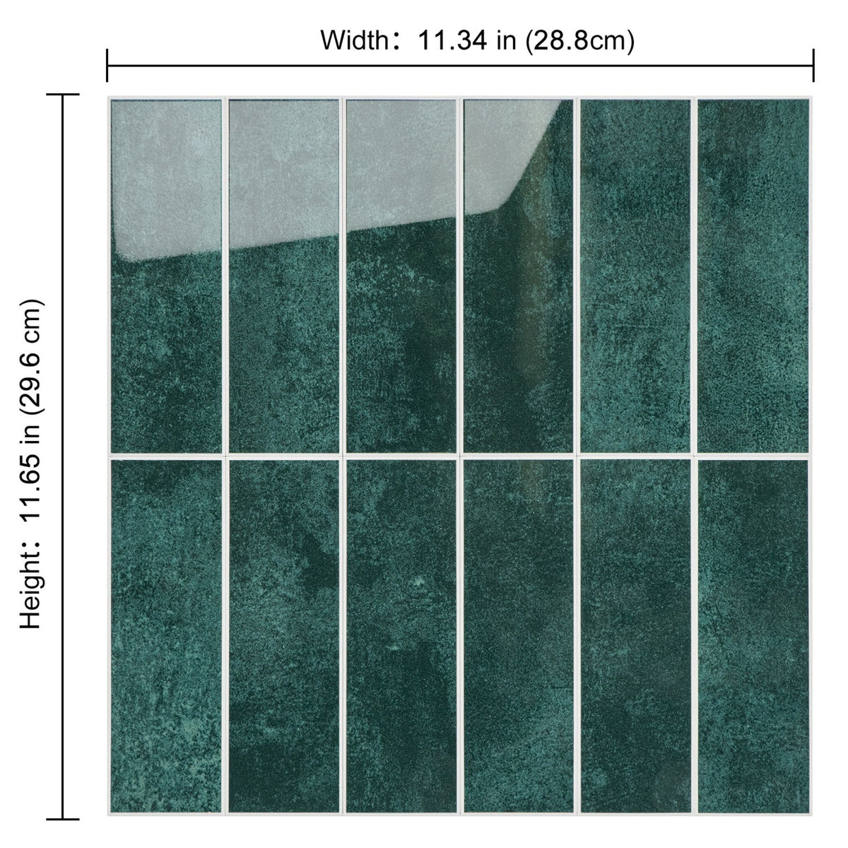Emerald green stacked subway tile sheet with dimension lines
