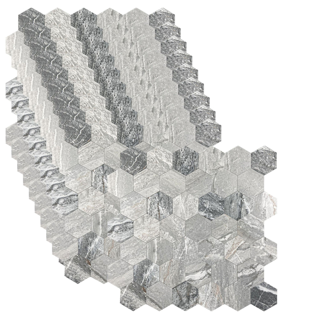 Hexagonal marble mosaic wall tiles in a stacked arrangement, showcasing natural grey and white veining on a solid white background.