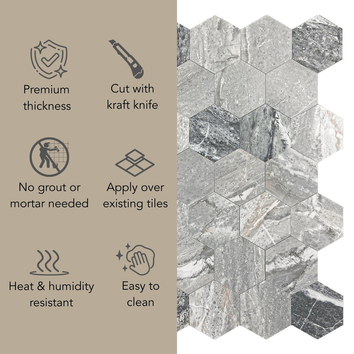 Hexagonal grey marble-look tiles shown on a beige promotional graphic with feature icons and text including premium thickness, cut with a kraft knife, no grout needed, apply over existing tiles, heat and humidity resistant, and easy to clean.