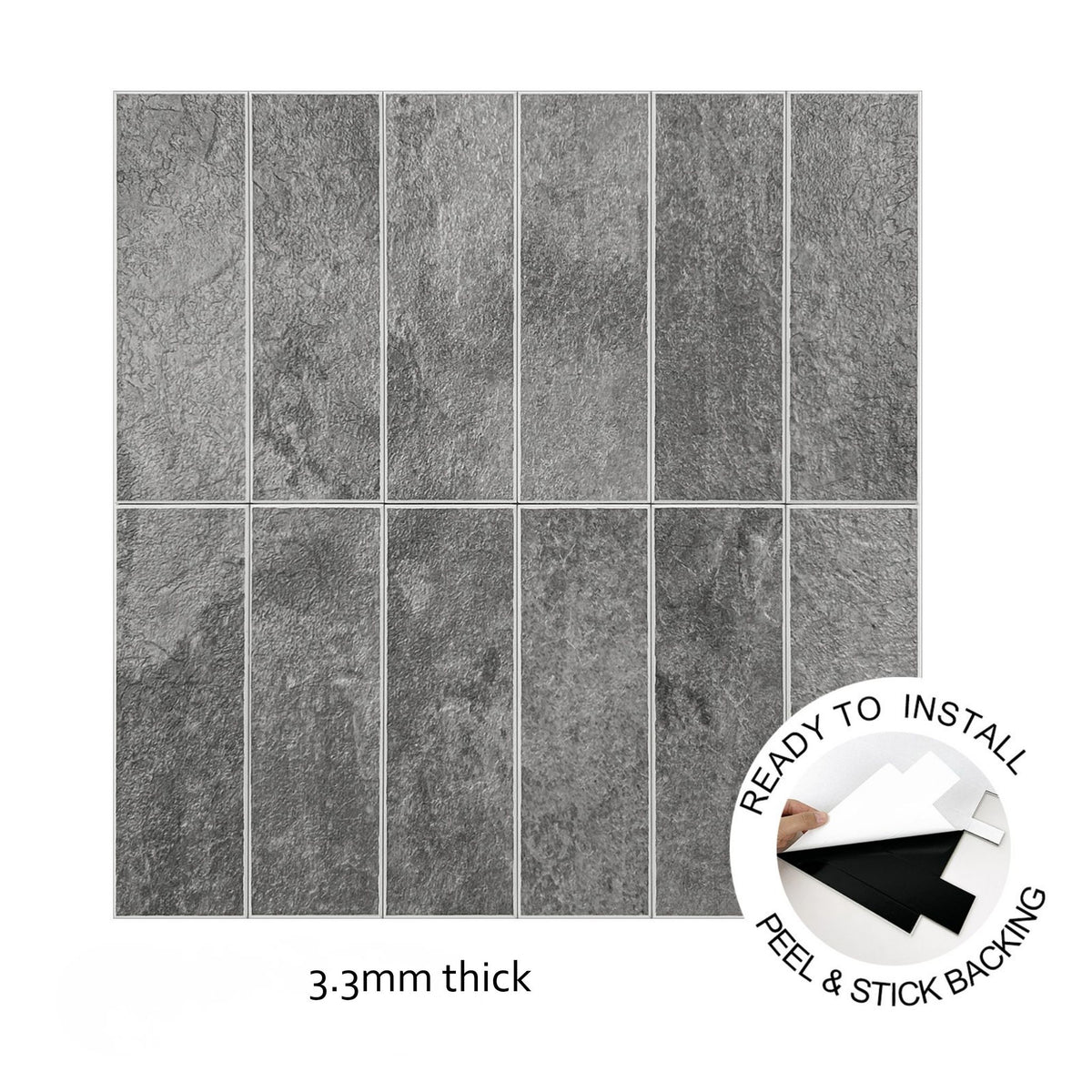 Grey stone-look rectangular wall tiles arranged in a grid, shown with a peel-and-stick backing inset and the text '3.3mm' on a white background.