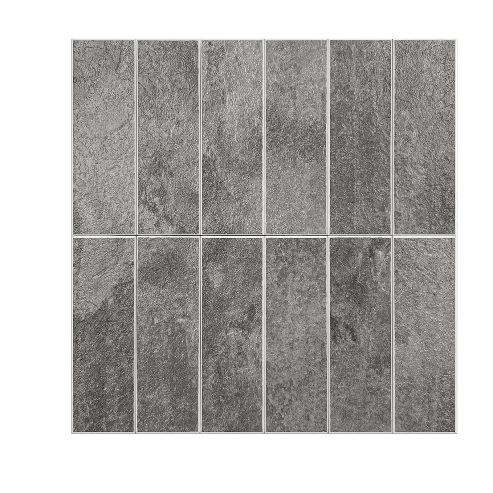 A rectangular grey concrete bathroom vessel sink with a matte black faucet, set on a white countertop against a grey tiled backsplash.