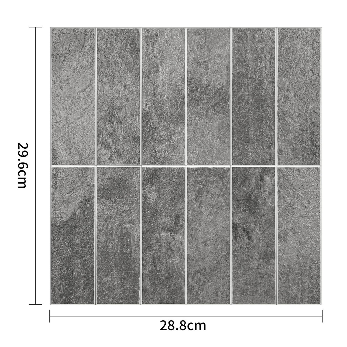Grey stone-look rectangular wall tiles arranged in a grid, shown with dimension markings of 29.6cm height and 28.8cm width.
