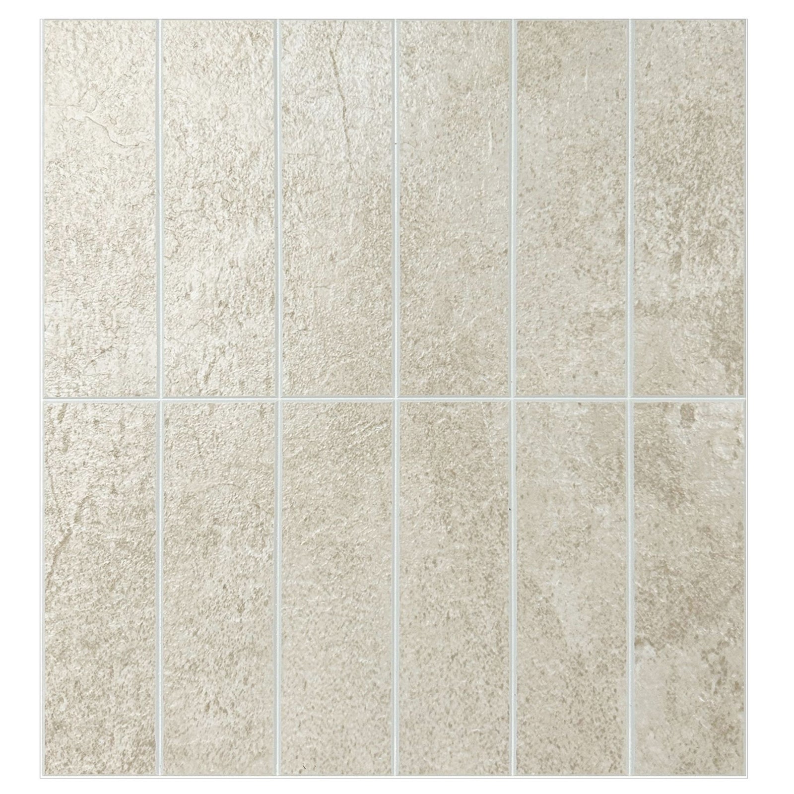 Stacked beige subway tiles as a backsplash in a white kitchen with a tap and wooden cutting boards and a loaf of bred on the counter.