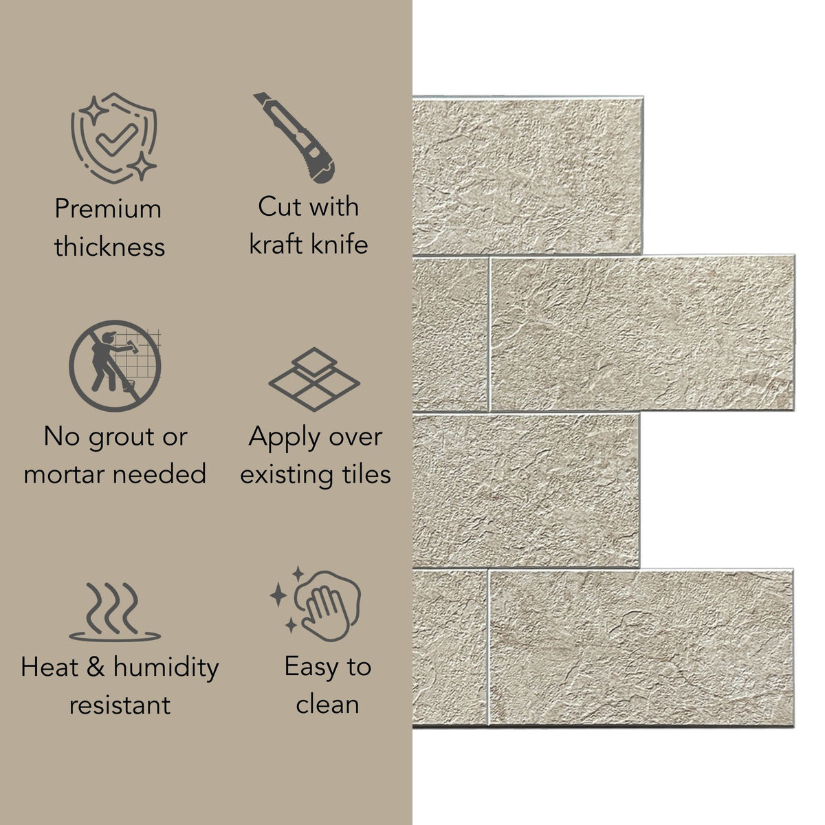 Beige textured tile sample shown next to feature icons and text highlighting premium thickness, cut with a kraft knife, no grout needed, apply over existing tiles, heat and humidity resistant, and easy to clean.
