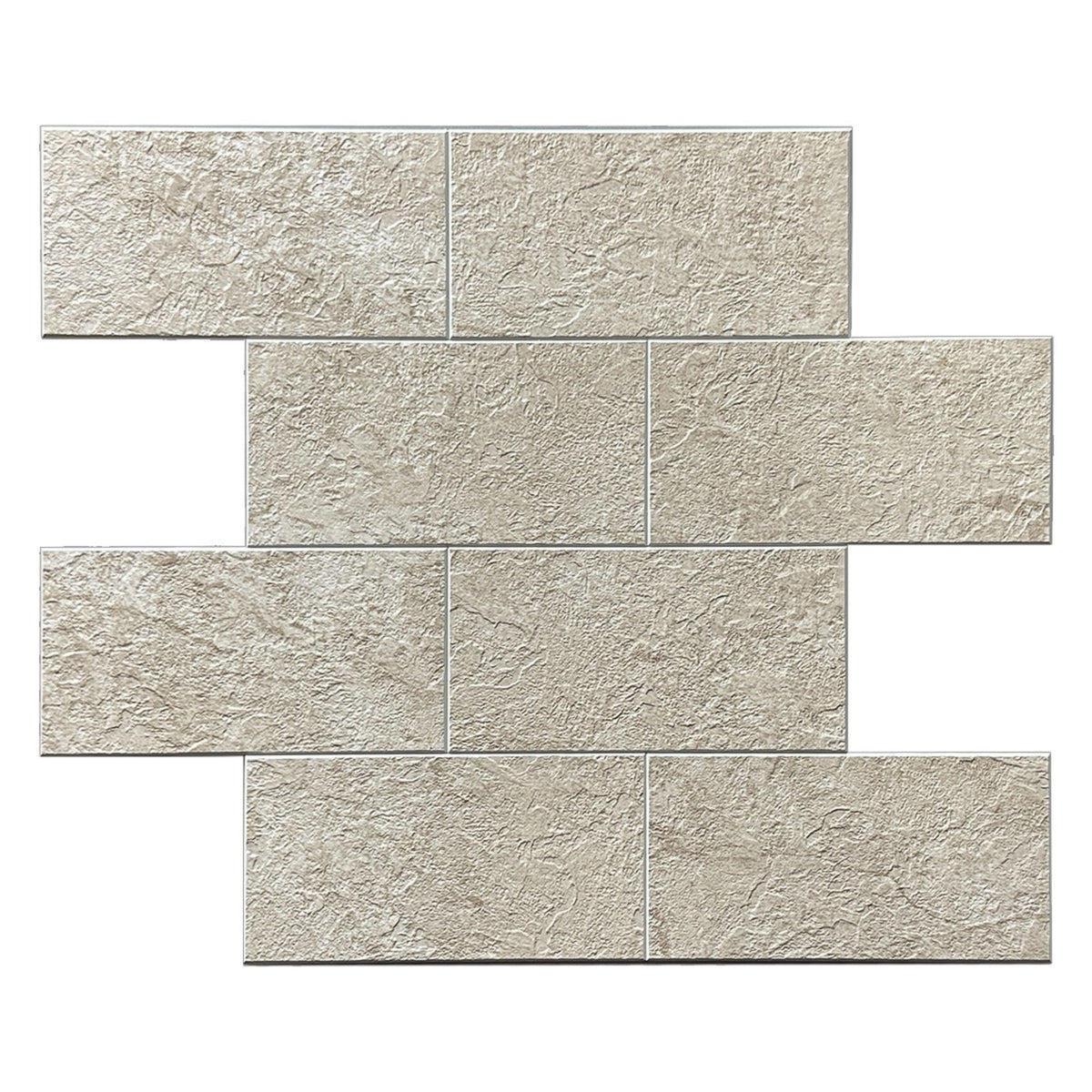 Beige textured rectangular wall tiles arranged in a staggered brick pattern on a white background.